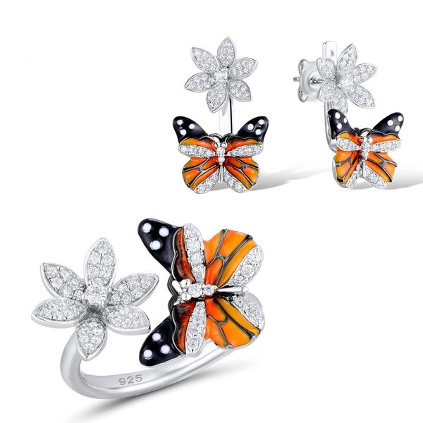 

bohemia jewelry sets for women enamel zircon butterfly flower earrings ring eleant bridal wedding jewelry set, Silver