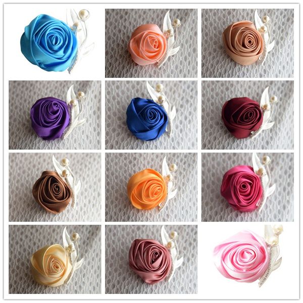 

woman man corsage for groom groomsman handmade satin silk rose flower wedding suit boutonnieres accessories pin brooch, Gray