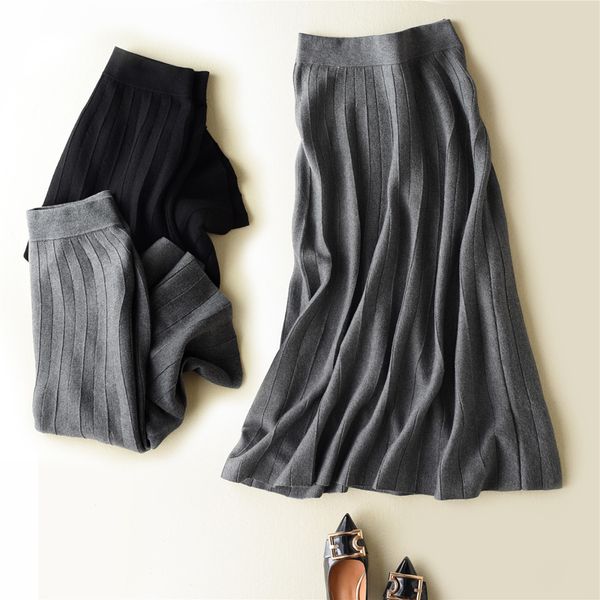 

women's new winter wool knit half-length dress thick high waist a word slim knitted pleated skirt women, Black