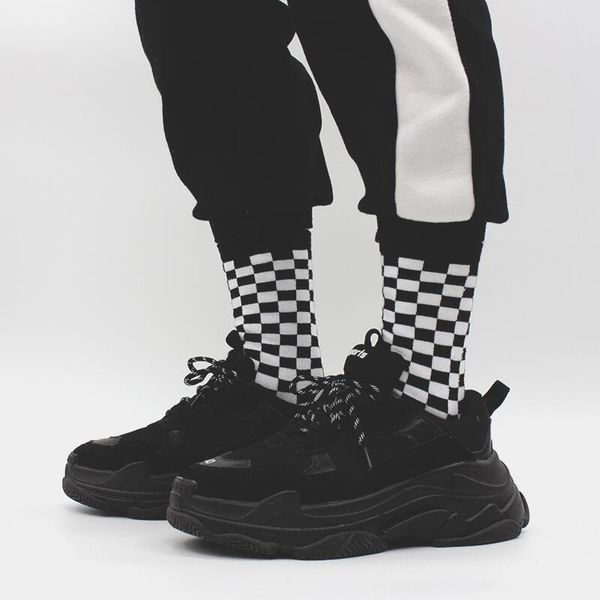 

januarysnow ins harajuku street bf wind black and white checkerboard pattern tube socks couple novelty check men and women socks