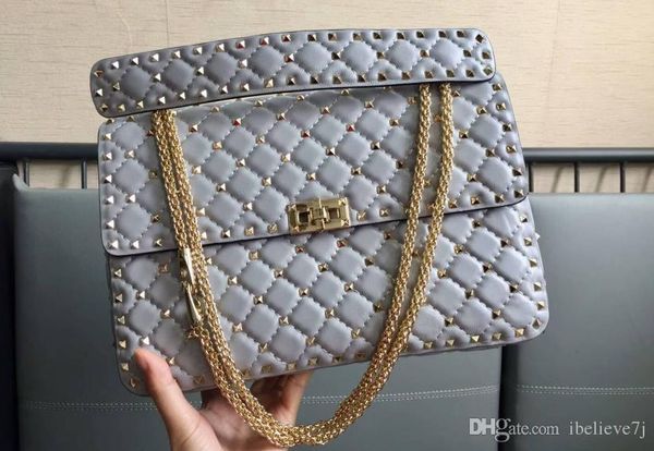 

New tyle big ize l30cm imported head lamb kin genuine leather thirteen color with light gold rivet women houlder bag