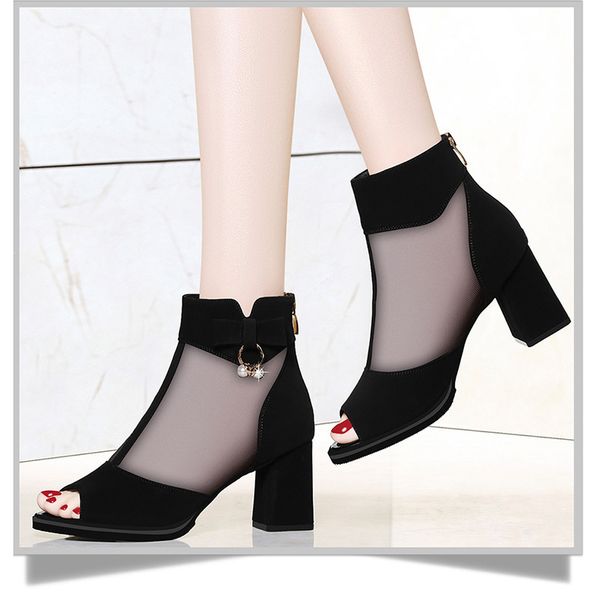 

dull polish open-toed shoes 2019 spring and autumn high heels chunky-heel versatile women's leather shoes gauze semi-high heeled, Black
