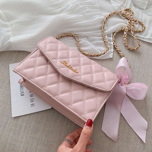 

elegant female ribbon bow flap shoulder bag 2020 fashion pu leather women's handbag lattice chain shoulder messenger bag