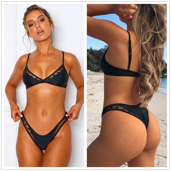 

2020 nylon fabric chest mesh dot split 2020 swimsuit nylon fabric swimsuit bikini chest mesh dot split bikini, White;black