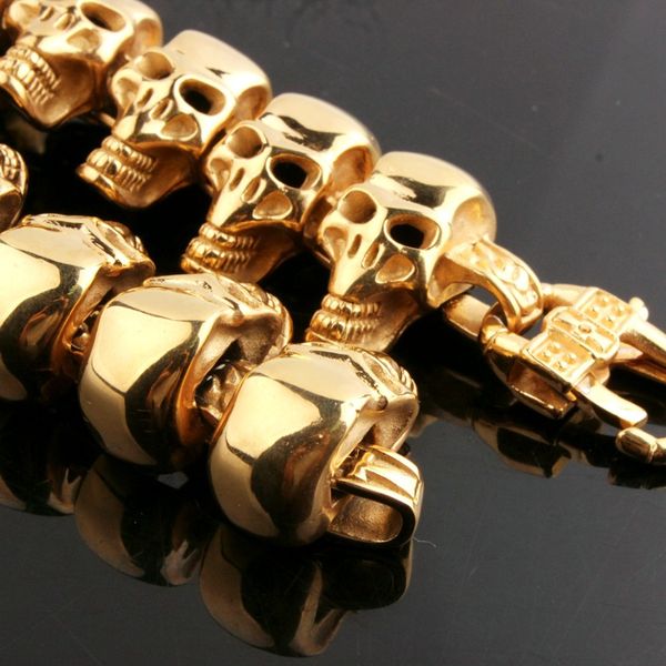 

stainless steel gold skeleton skull head chain biker jewelry bracelet wristband for men's jewelry christmas gift, Golden;silver