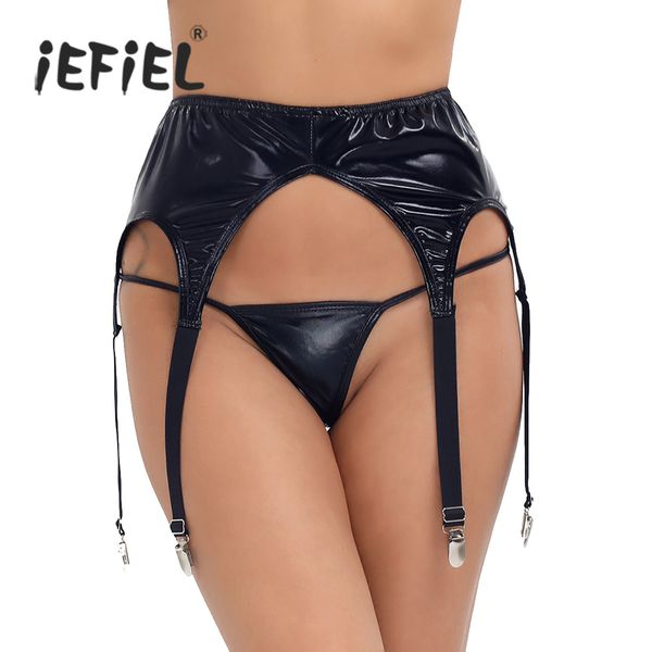 

iefiel для взрослых женщин wetlook лакированная кожа sexy club подвязки трусики пластиковый металлический зажим для носков подвязки для ремн, Black;white