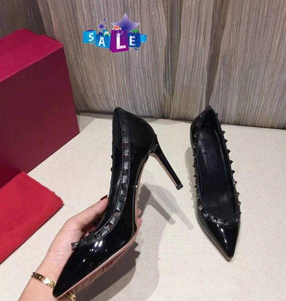 

designer pointed toe 2-strap with studs high heels leather rivets sandals women high-heeled shoes 8.5cm, Black