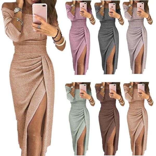 

2019 stylish women dress casual plus size club party prom dresses slash neck bodycon dress 10 colors a1, Black;gray