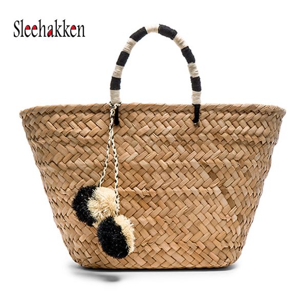 

woman bag vacation weaving handbag beach bag straw+polyester fashion pompom straw quality craft 2019 autumn new style