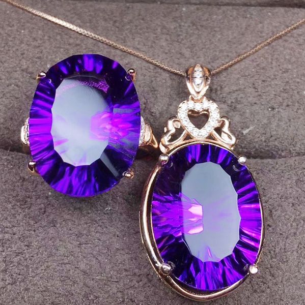

natural amethyst jewelry set 925 sterling silver 1pc ring,1pc pendant 9.5ct*2pcs big gemstone #j19021407, Black