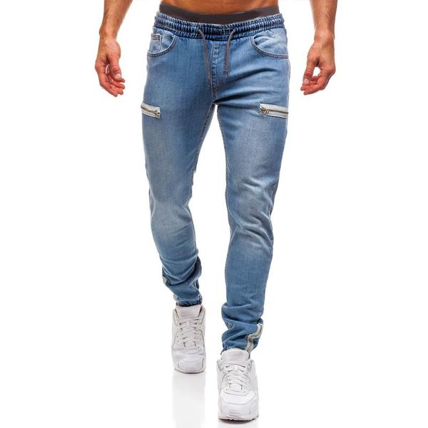 

men jeans men's denim casual straight jeans pants brand new style track bottoms trousers drawsting menswear, Blue
