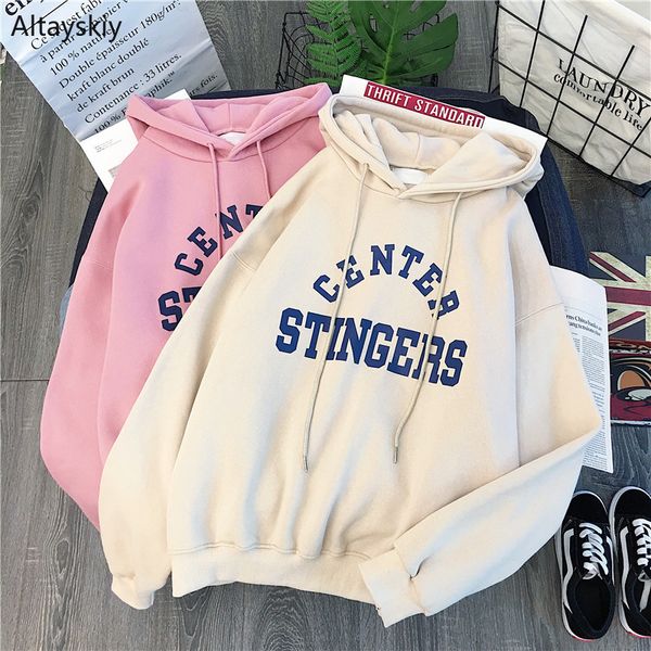 

hoodies women letter elegant korean style thicker warm womens soft outwear lovely printed female clothing pullover all-match new, Black