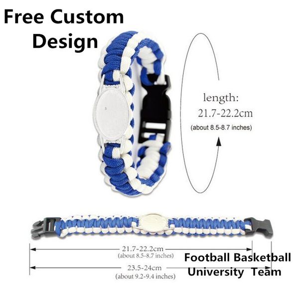 

customizable design football basketball hockey university sports team charm survival paracord bracelets & bangles for fans, Golden;silver