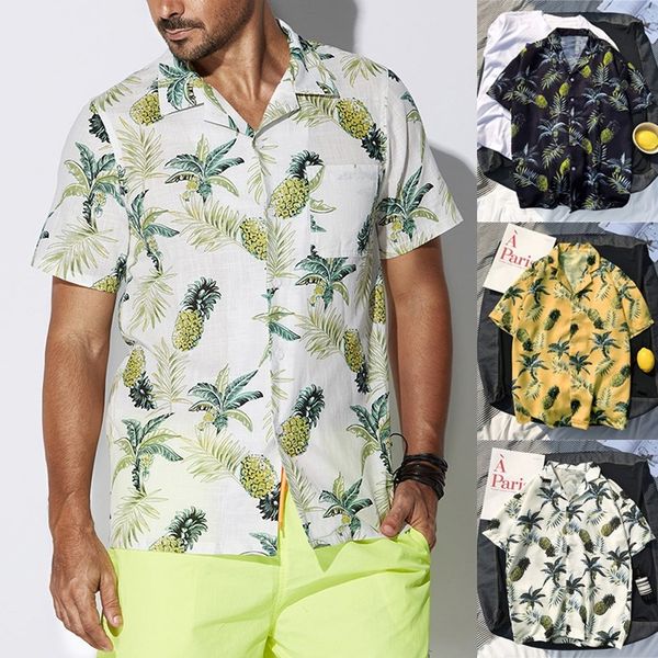 

new arrivals slim casual male hawaiian shirts men's summer fashion fruit print button slim fit short sleeve shirt blouse, White;black