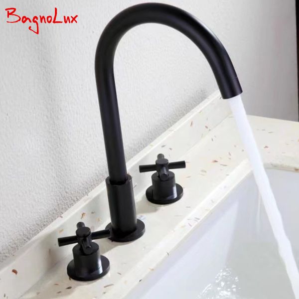 

bagnolux 100% solid brass simple design deck mount widespread faucet mablack bathroom double cross handle basin tap