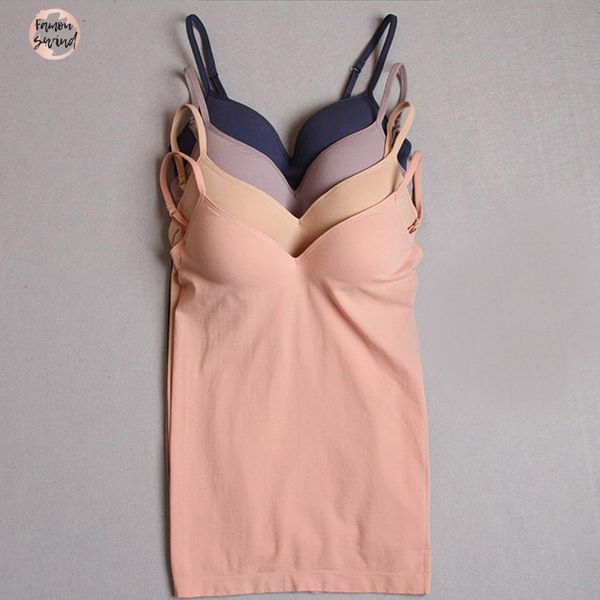 

2019 solid tank slim strap built in cup padded wireless solid camisole camis home indoor wear size  l, White