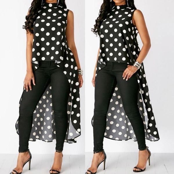 

designer summer блуза летние топы для женщин 2019 женщин вскользь рукавов o шеи полька dot black high low шифоновая блузка tops, White