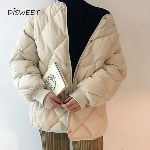 

harajuku diamond shaped plaid jacket female korean fashion women's round neck cotton coat solid winter casual plus thick jacket, Black