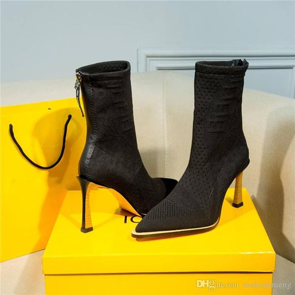 

2019fendi ff frame boots high heel shoes jacquard knit and leather ankle boots in black with original box, Blue;gray