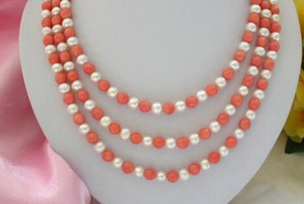 

stunning long 50" 8mm round white freshwater pearls pink coral necklace, Silver