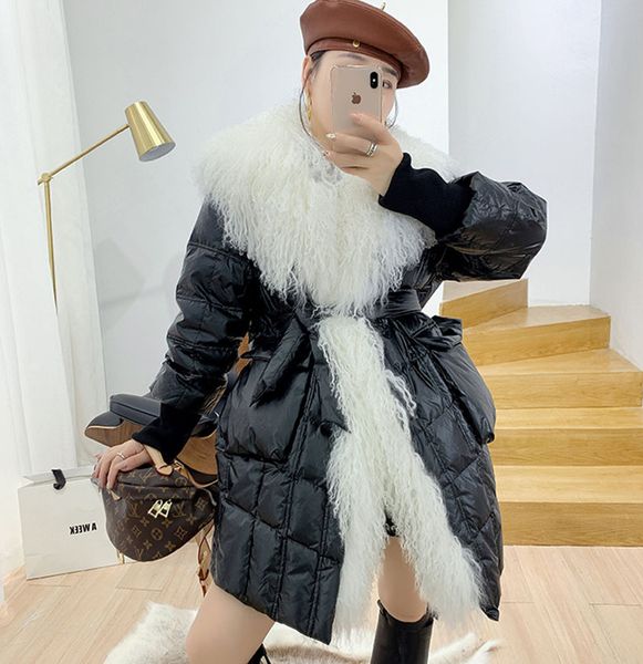 

winter jackets elegant woman sheep beach wool collar women down parkas long with waist-belt warm white duck down coat female, Black