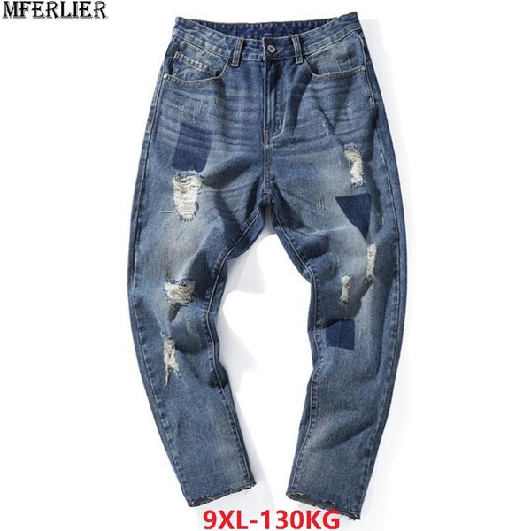 

mferlier men harem jeans hole scratched hipster pants high street plus size big 8xl 9xl 44 46 ankle length jeans large geometric, Blue