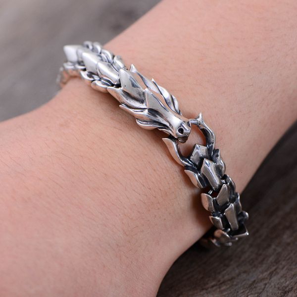 

real 925 silver chinese dragon bracelet for men dragon scales vintage keel retro jewelry length 18 to 21cm weight 50 to 63g with box, Black