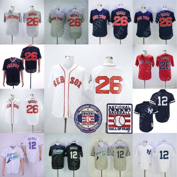 

Wade Boggs Jersey Hall of Fame Patch Boston 26 Red Sox New York 12 Yankees Baseball Jerseys Red White Black Stitched