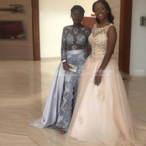 

silver lace mermaid evening dress long sleeves see through slit african prom dresses appliques beaded long party gowns, Black;red