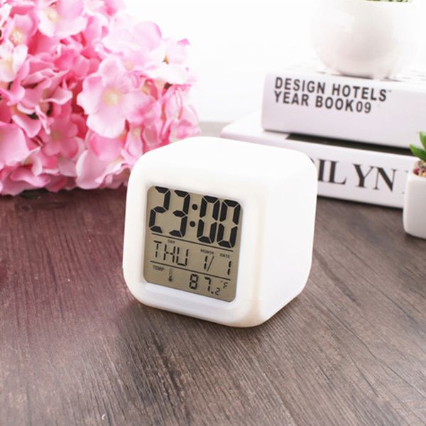 

7 color glowing change alarm clock digital clock cube led time data week and temperature display