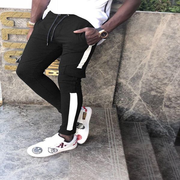 

2019 new sports men pockets casual trousers solid color running gym jogging pants men, Black;blue