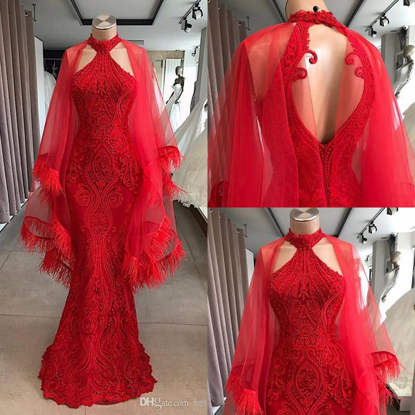 

red mermaid evening dresses with wrap lace appliqued beads high neck luxury feather floor length prom dress hollow back party dress, Black;red