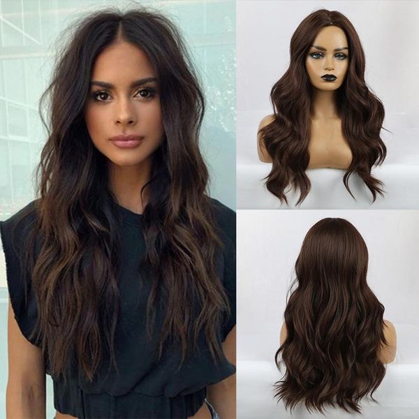 

jonrenau party wigs trendy dark brown hair center part natural wave cosplay hair synthetic lace front wigs for women makeup, Black