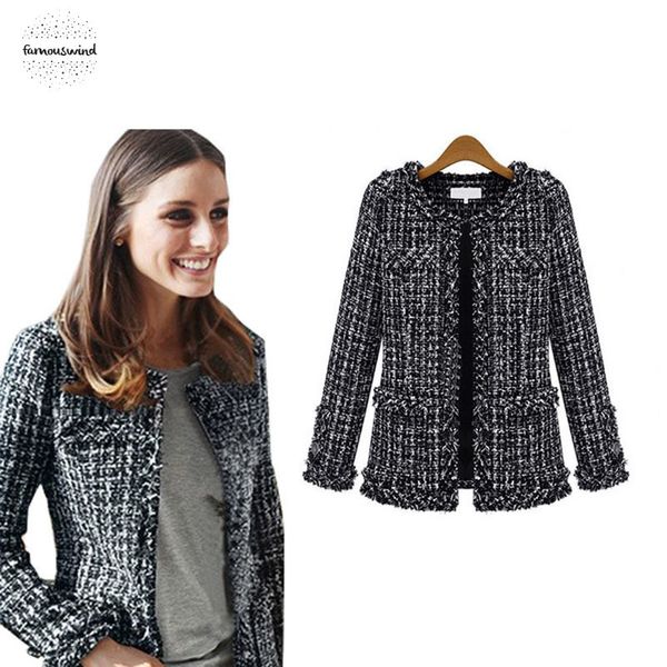 

women jacket 2019 fashion coat autumn winter thin black checkered casual tweed plaid outerwear fs0273 drop shipping, Black;brown