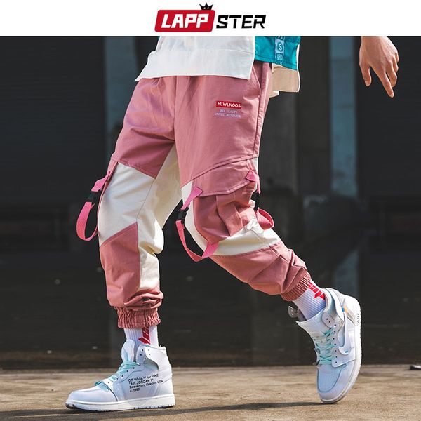 

lappster men streetwear belt cargo pants color block 2019 hip hop overalls mens fashions sweatpants baggy joggers pants casual, Black