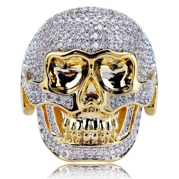 

skeleton head ring charm hip hop fashion bling ring copper gold color bicolor iced out micro pave cz for men gifts, Golden;silver