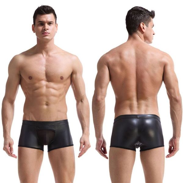 

pu leather transparent male underpants man shorts men underwear boxer shorts boxers breathable for sports panties, Black;blue