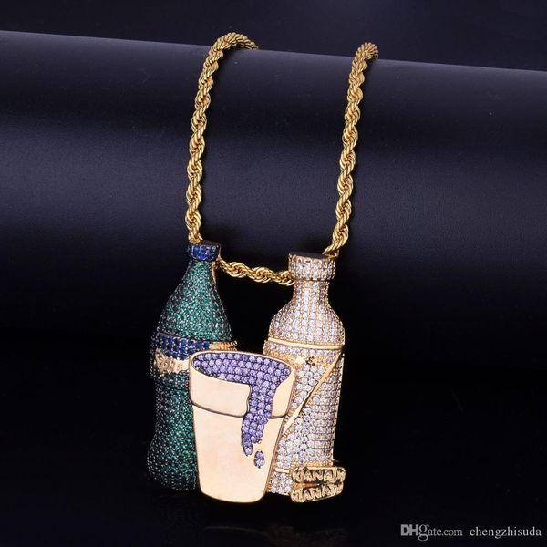 

iced out sprite bottle purple cup hip hop combo pendant necklace gold silver color cubic zircon men's jewelry