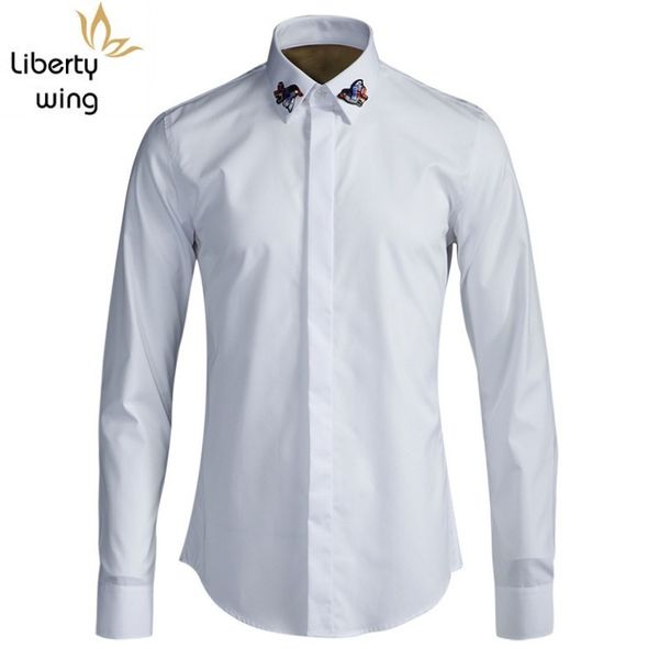 

new autumn bird embroidery men elegant slim square collar long sleeve cotton shirts fashion casual black white, White;black