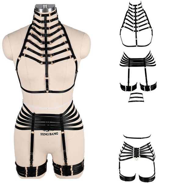 

body harness set belt black hollow out punk lingerie bondage leg garter belt stockings plus size women party rave, Black;white