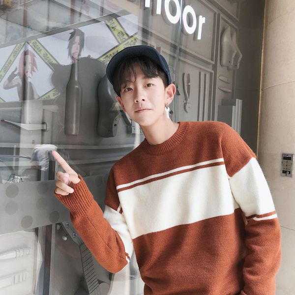 

menne men's round neck striped sweater sweater male, White;black