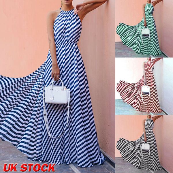 

womens ladies beach style stripe sleeveless empire waistline sashes sundress summer holiday strappy long maxi dress 6-16, Black;gray