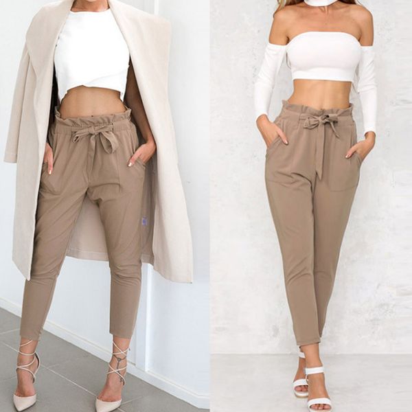 

2019 new women high waist pants ruffle lace up harem plain pants ladies casual long casual slim pant trousers ruffle, Black;white