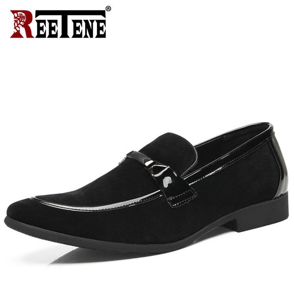 

reetene fashion pointed toe dress shoes men patent leather formal suits men shoes slip-on male loafers wedding party men's, Black