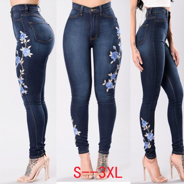 

2018 new women embroidered stretch jeans fashion ladies print pencil pants slim female long feet jean pants, Blue