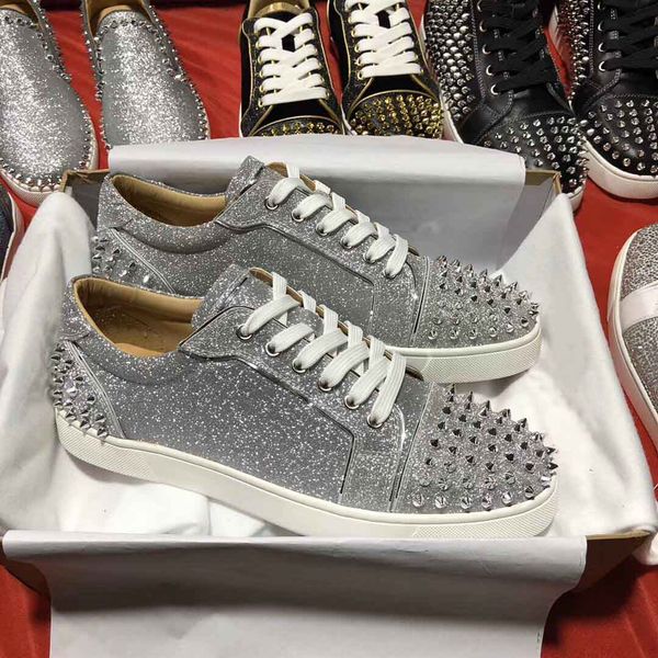 

designer brand luxury seavaste 2 orlato glitter leather junior red bottom men's sneakers shoes designer studs couple leisure streetwear, Black