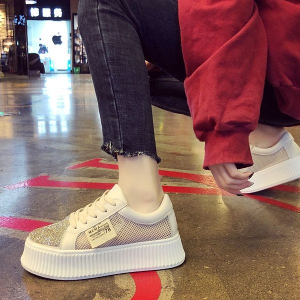 

spring summer new woman shoes fashion new woman leather ladies net surface breathable flats shoes white sneakers i6-01, Black