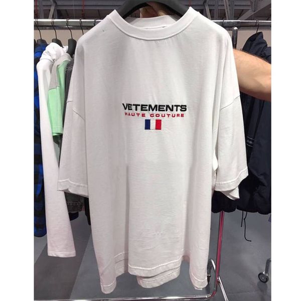 

Вышивка с коротким рукавом Vetements Футболки Женщины Мужчины Франция Флаг Хип-Хоп То