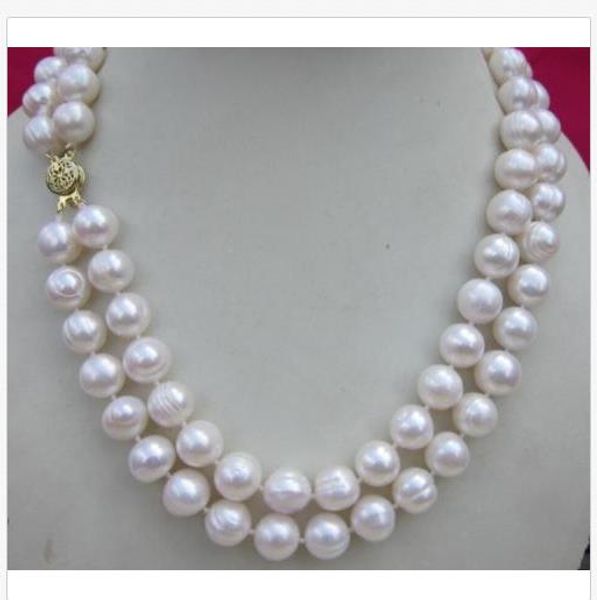 

double strands 10-12mm natural south sea white pearl necklace 18" 14k gold clasp, Silver