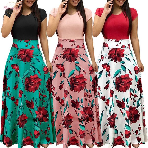 

vintage floral print patchwork long dress women 2020 casual short sleeve party dress elegant o neck ladies maxi dress sundress, Black;gray